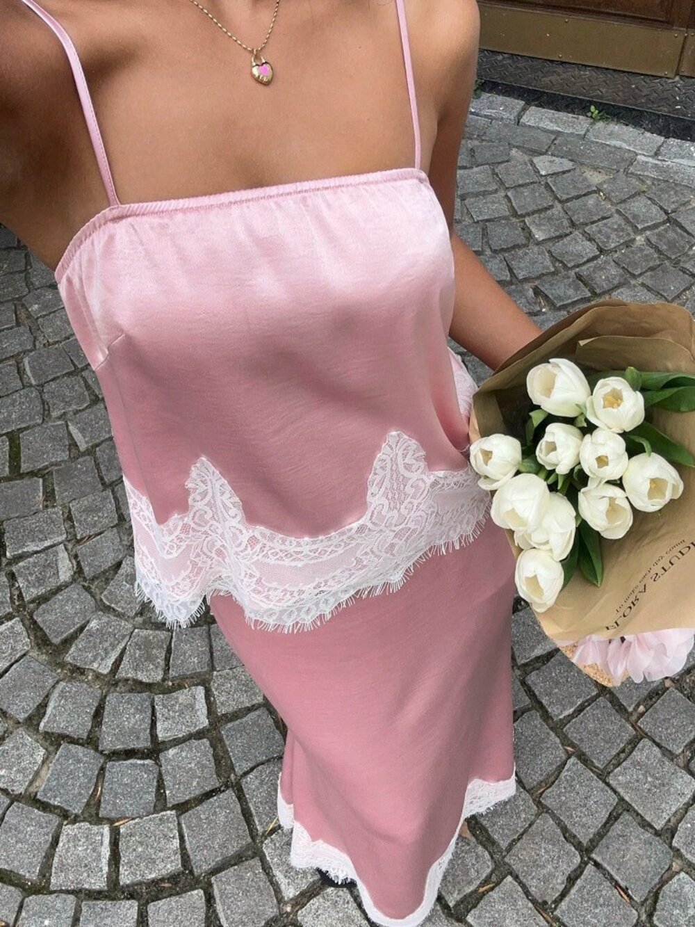 Pink Modest Women's Camisole Top & Lace Maxi Skirt Set - Picture 3 of 7